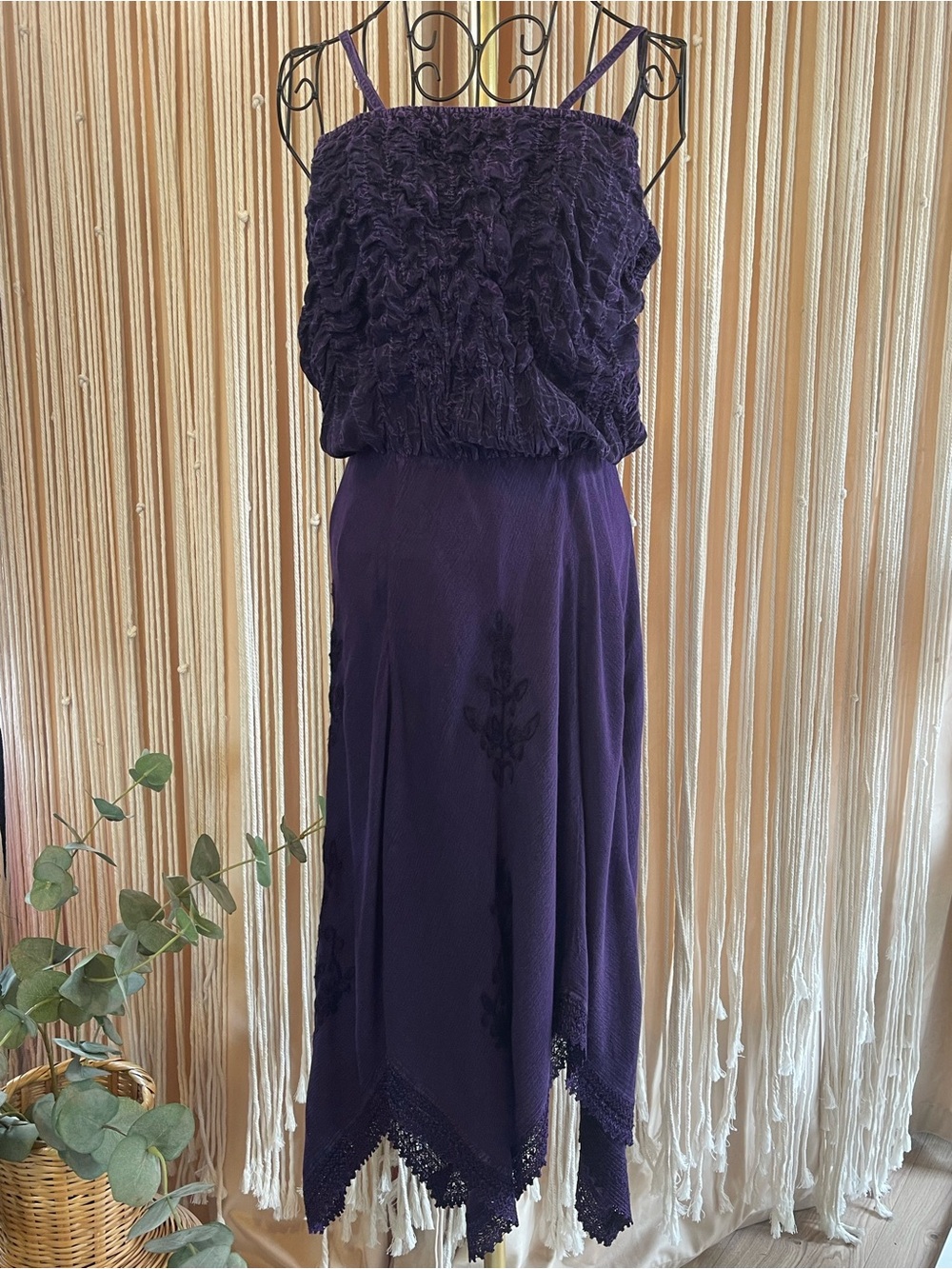 purple boho dress smocked bust embroidered asymmetrical hemline spaghetti strap